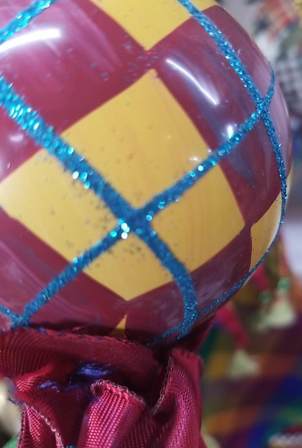 MacKenzie Childs Frank And Mustard  Argyle Double Drop Glass Ornament