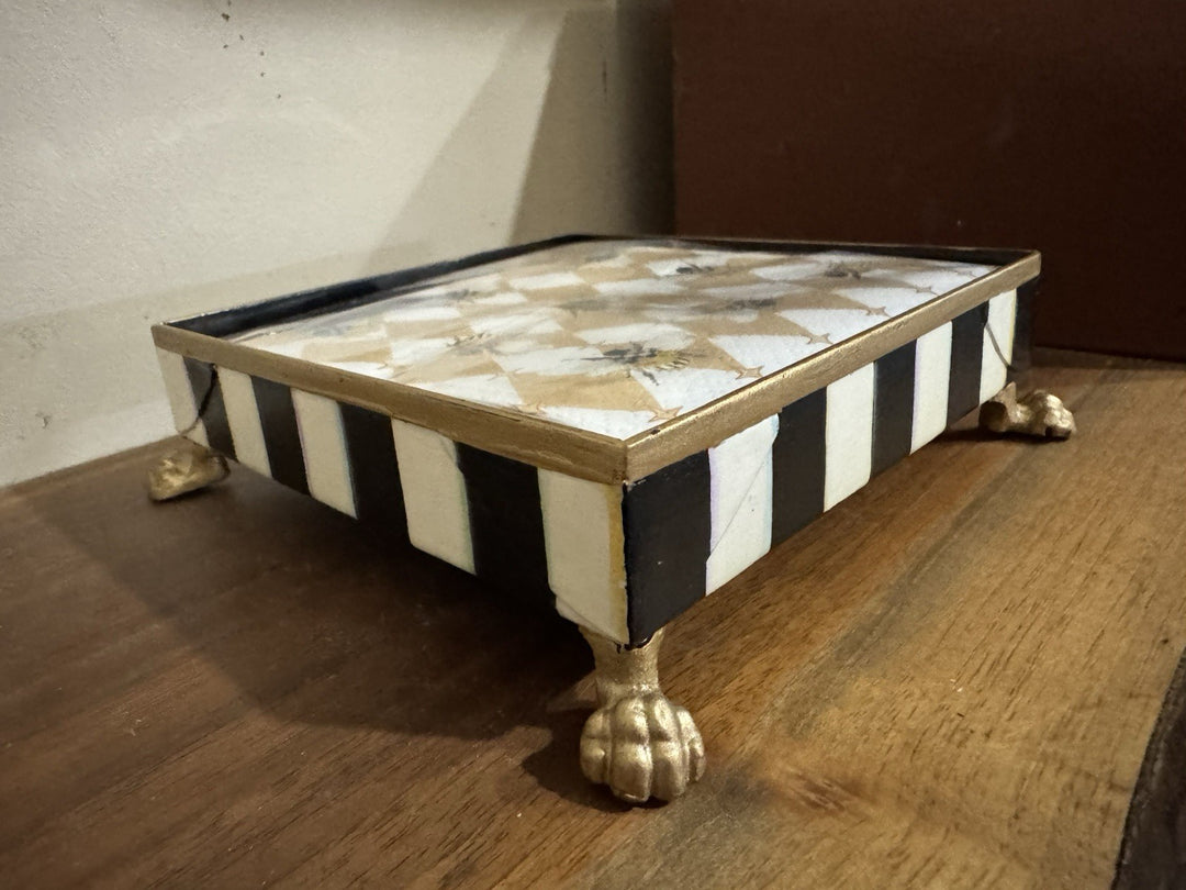 MacKenzie Childs Queen Bee  Cocktail Napkin Holder Gold Lion Claw Feet Tray