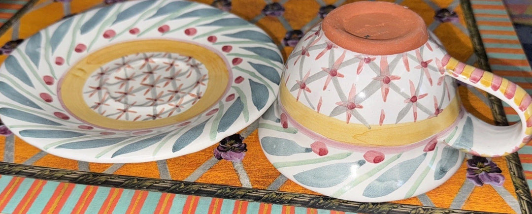 MacKenzie-Childs Brighton Pavillion Ceramic Teacup and Saucer Set 1990's Vintage