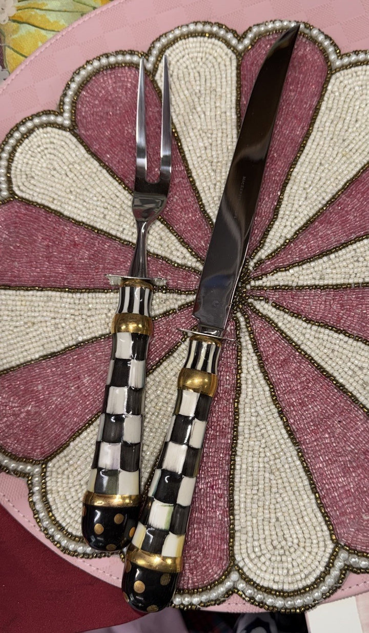 MacKenzie Childs Check Two Piece Carving Set  Black Tie ceramic - New