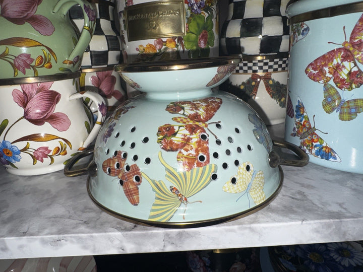 MACKENZIE CHILDS Blue BUTTERFLY GARDEN SMALL ENAMEL COLANDER RETIRED