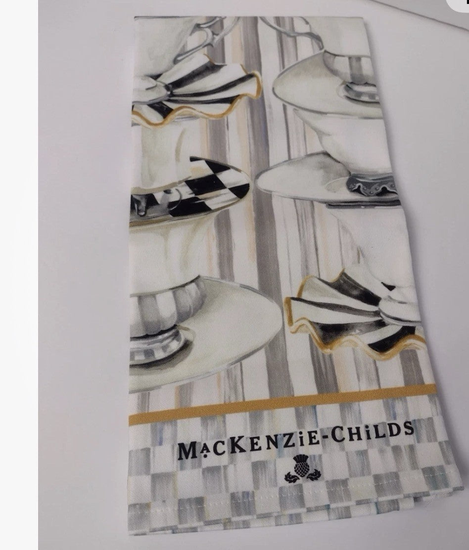 NIB MacKenzie Childs Sterling  Check Cotton Tea Cups Dish Tea Towel