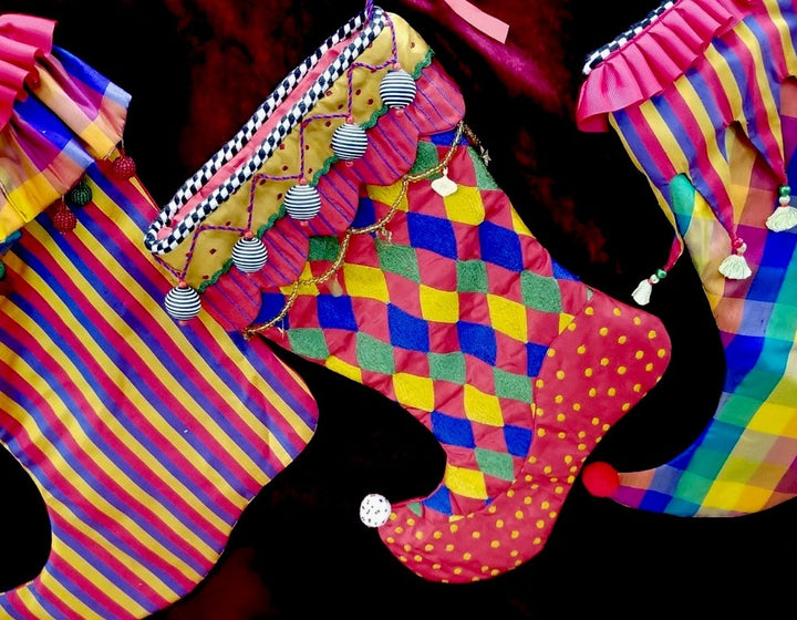 MacKenzie Childs Jester Christmas Stocking Striped 15” gold charms black beads