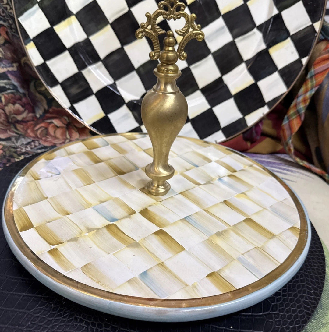 Mackenzie Childs Parchment  Check Ceramic Cheese Course Retired- Read Defect