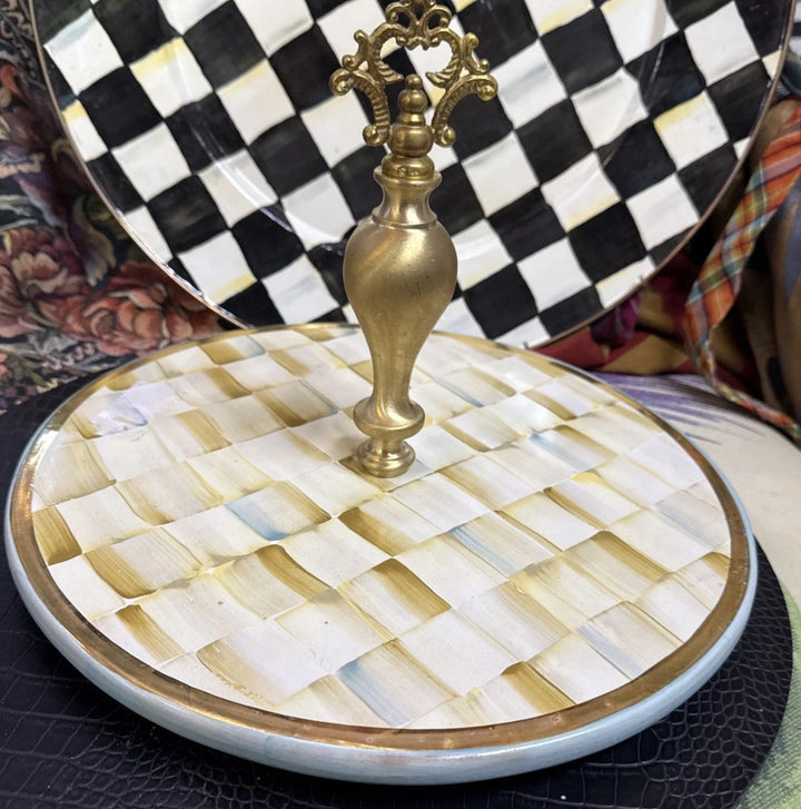 Mackenzie Childs Parchment  Check Ceramic Cheese Course Retired- Read Defect