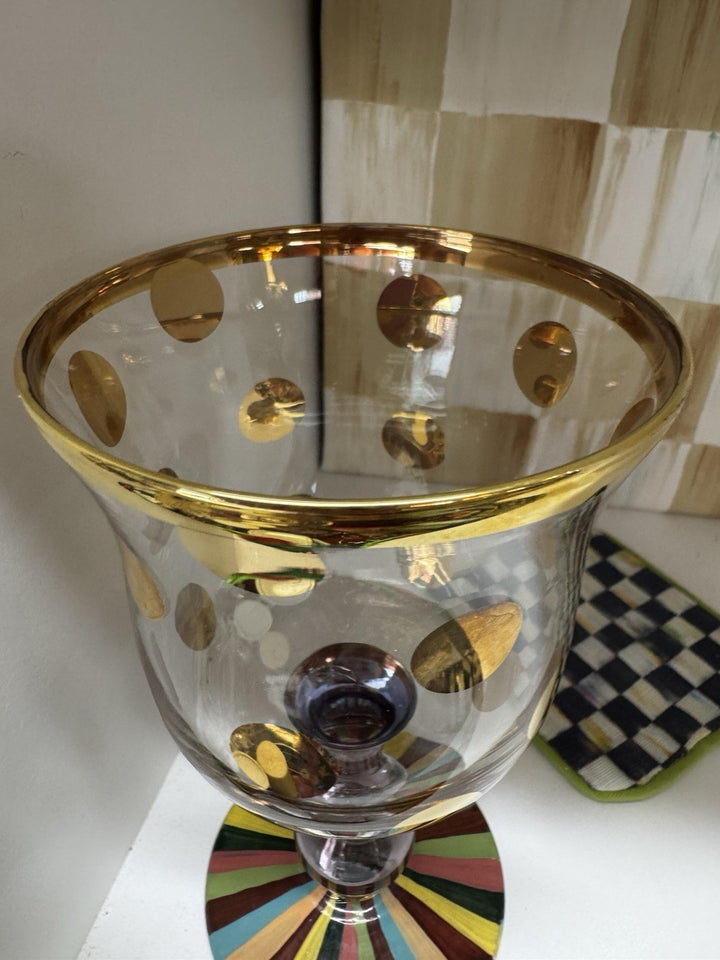 Mackenzie Childs foxtrot water goblet new retired pattern- Gold Dots And Rainbow