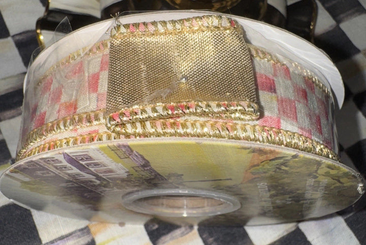 Mackenzie Childs 1" Rosy Check Gold Wired Ribbon NEW 10 Yards