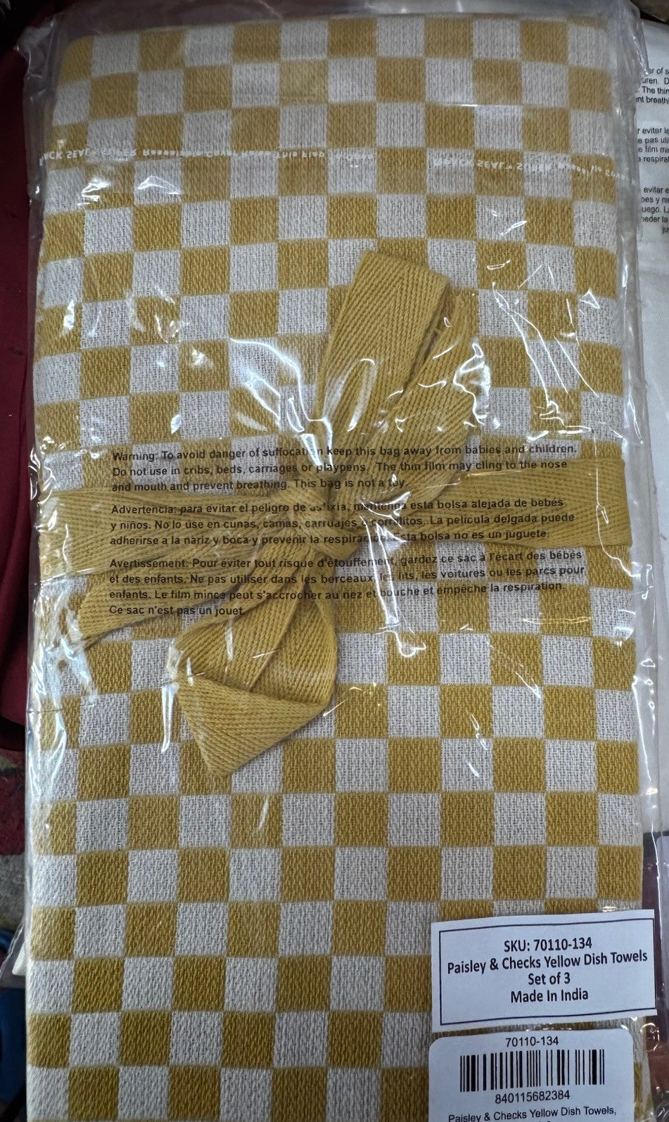 MacKenzie Childs Paisley & checks yellow set of 3 cotton dish towels NEW w/tags!