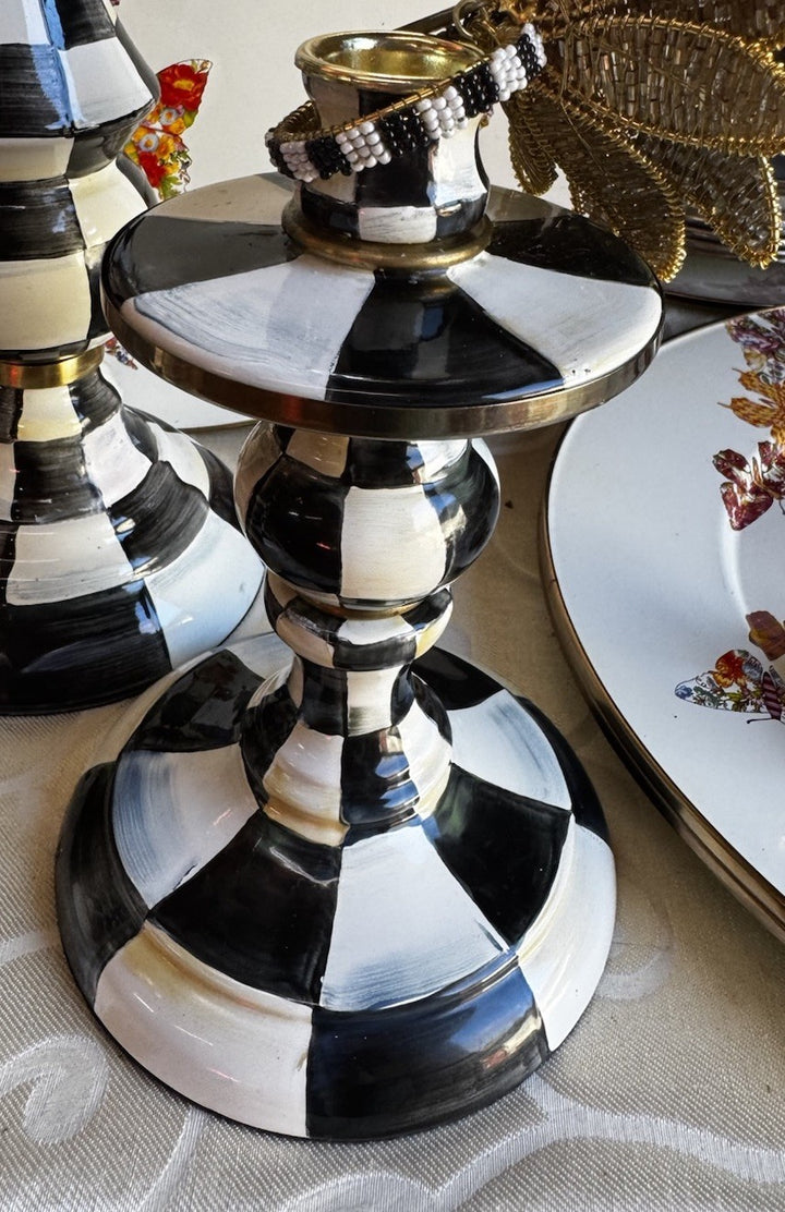 Mackenzie Childs Courtly Check Enamel Candlestick 8" Tall - Black And White
