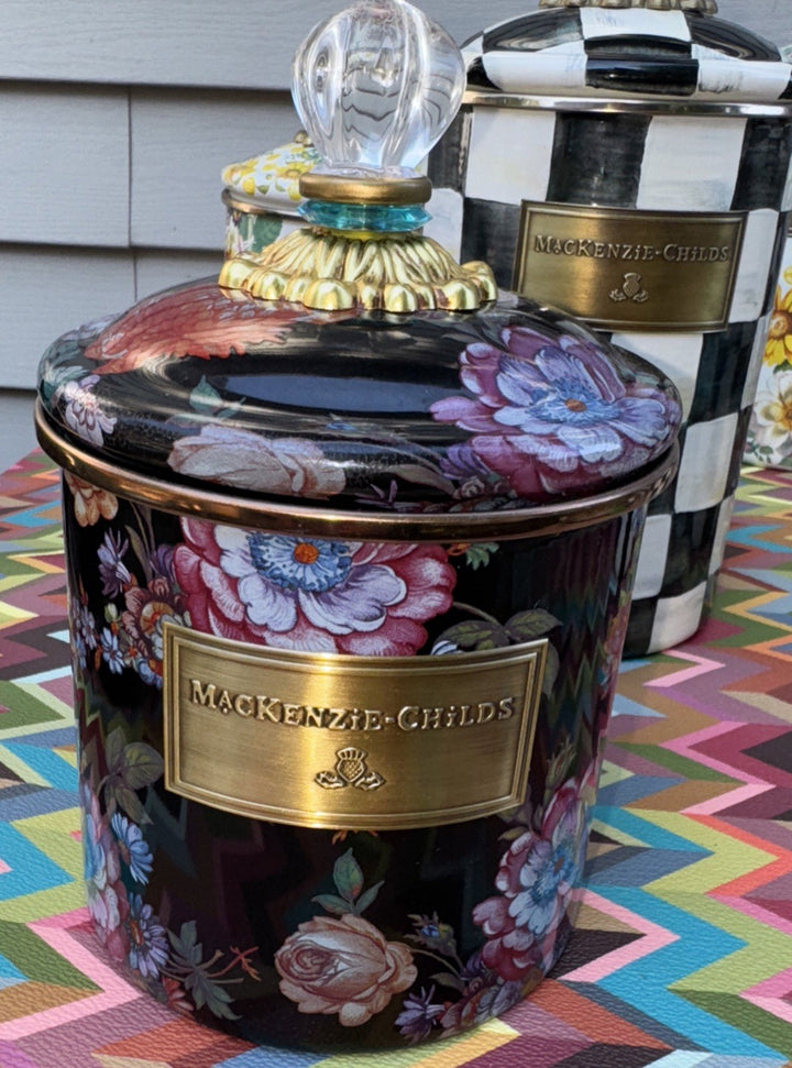 Flower Market Black by MacKenzie-Childs Small  Canister 7.5" x 4.75" Blue Ring