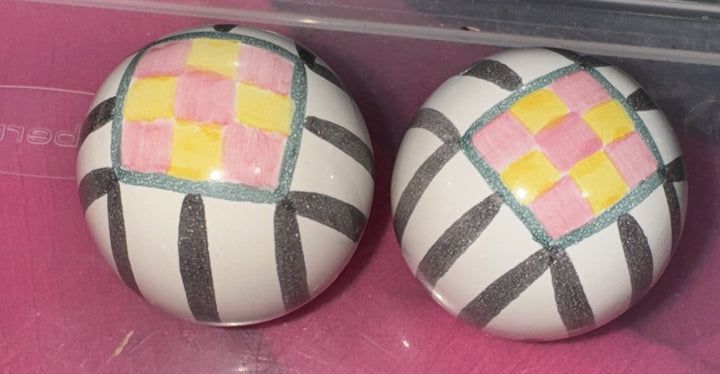 Mackenzie Childs Set Of 2 Pink And Yellow Check Cabinet Knobs / Pulls Retired