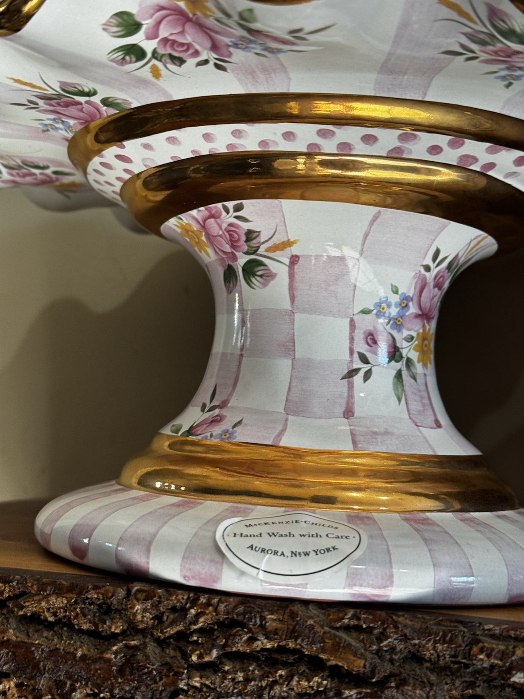 Mackenzie Childs 12” Honeymoon Pink Rose Fluted Cake Stand 2006