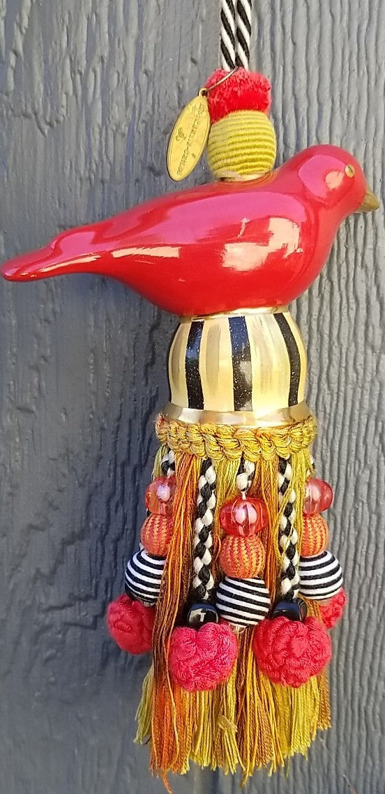 Brand New Mackenzie Childs Ceramic Bird Tassel — Red & Gold