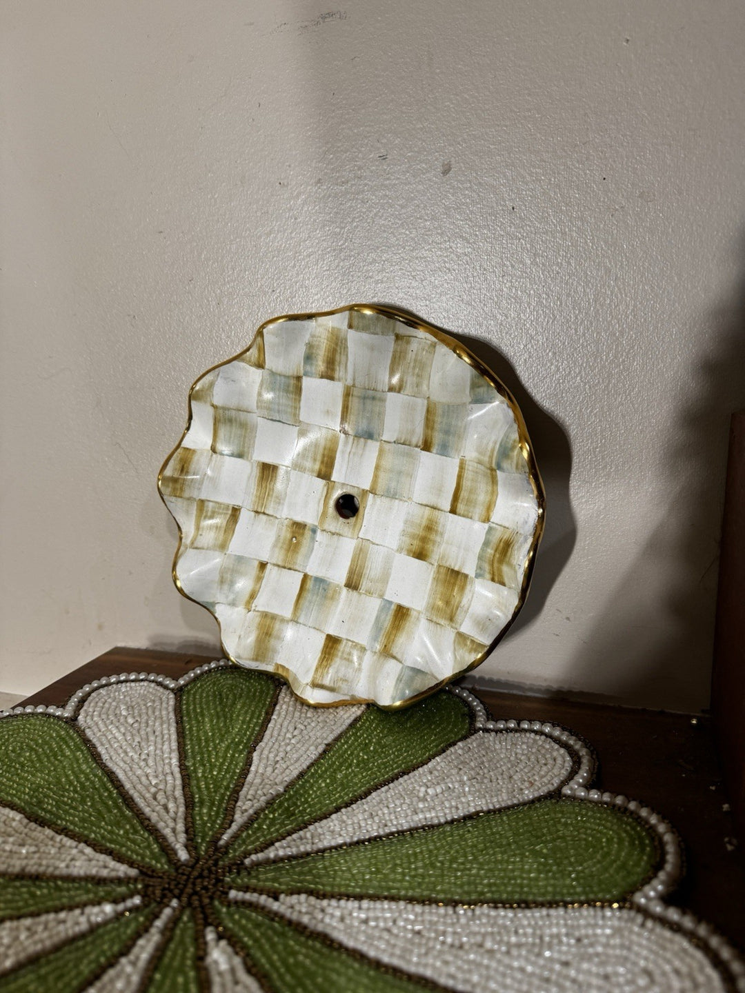 Mackenzie Childs Parchment Check Ceramic 9” Plate Fluted With Hole