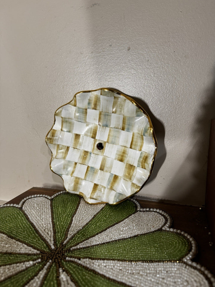 Mackenzie Childs Parchment Check Ceramic 9” Plate Fluted With Hole