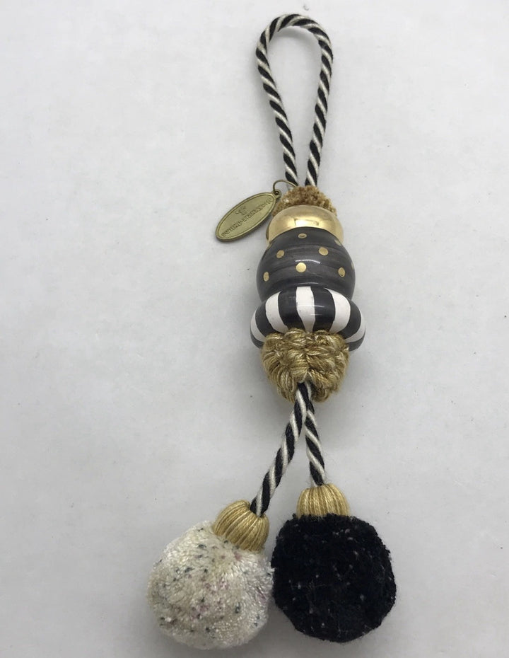 MacKenzie Childs Tassel  Tieback  Black White Gold Pom Pom Courtly Black Tie