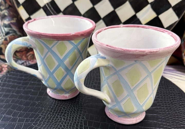 MacKenzie Childs  set Wallcourt Maddox  Footed Mug  - 12 Oz- Retired Used Defect