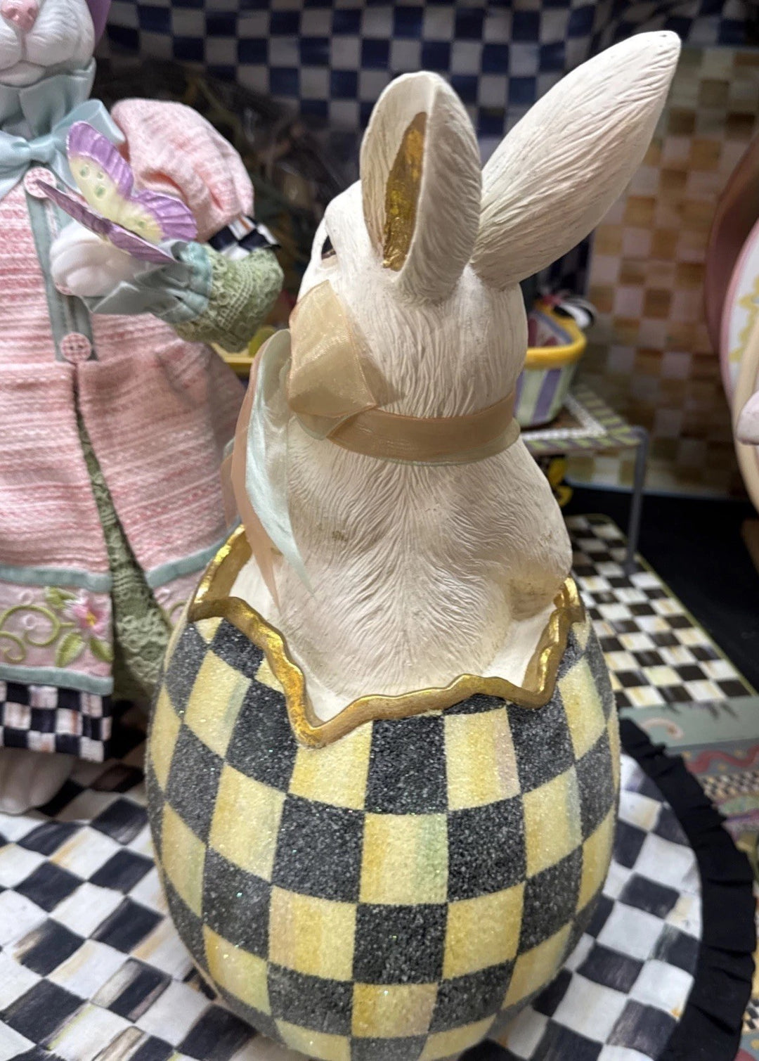 MacKenzie-Childs Courtly Check Large Bunny Surprise In Egg 15"Tall. Retired