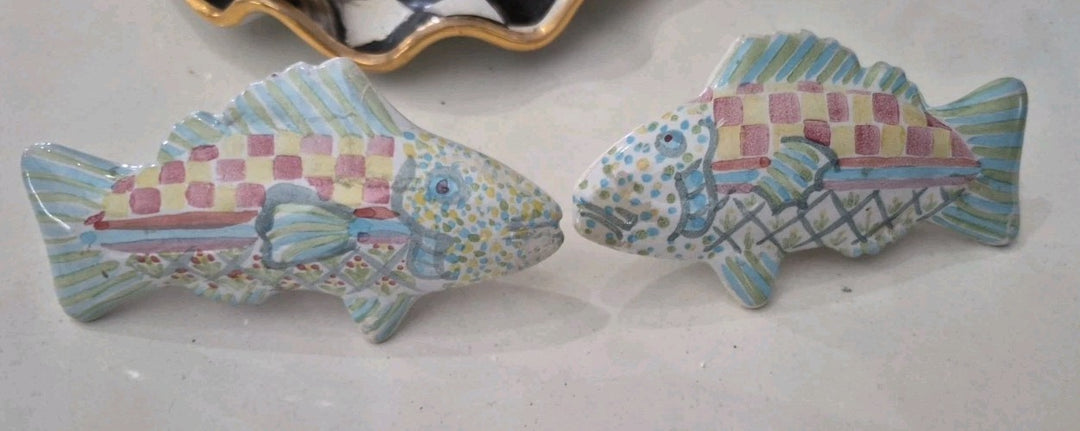 Set 2 Vintage MacKenzie-Childs Pottery Fish Cabinet Knobs / Drawer Pulls Teal