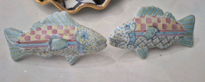 Set 2 Vintage MacKenzie-Childs Pottery Fish Cabinet Knobs / Drawer Pulls Teal