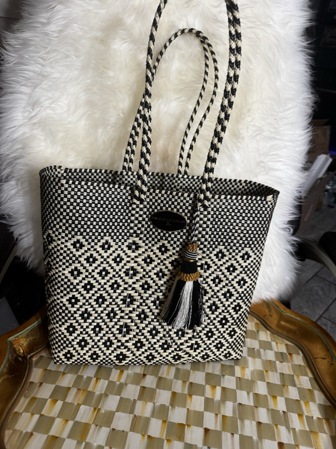 MacKenzie-Childs Courtyard Tote Mackenzie Retired – Black And Beige