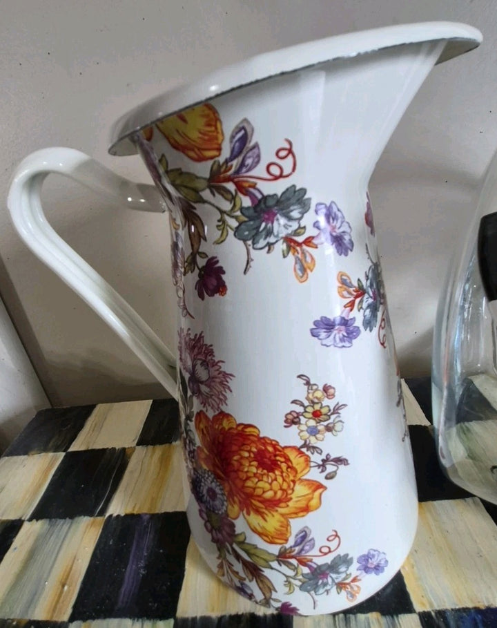 MacKenzie Childs Practical Pitcher Metal White Flower Market SMALL 8.5" TALL