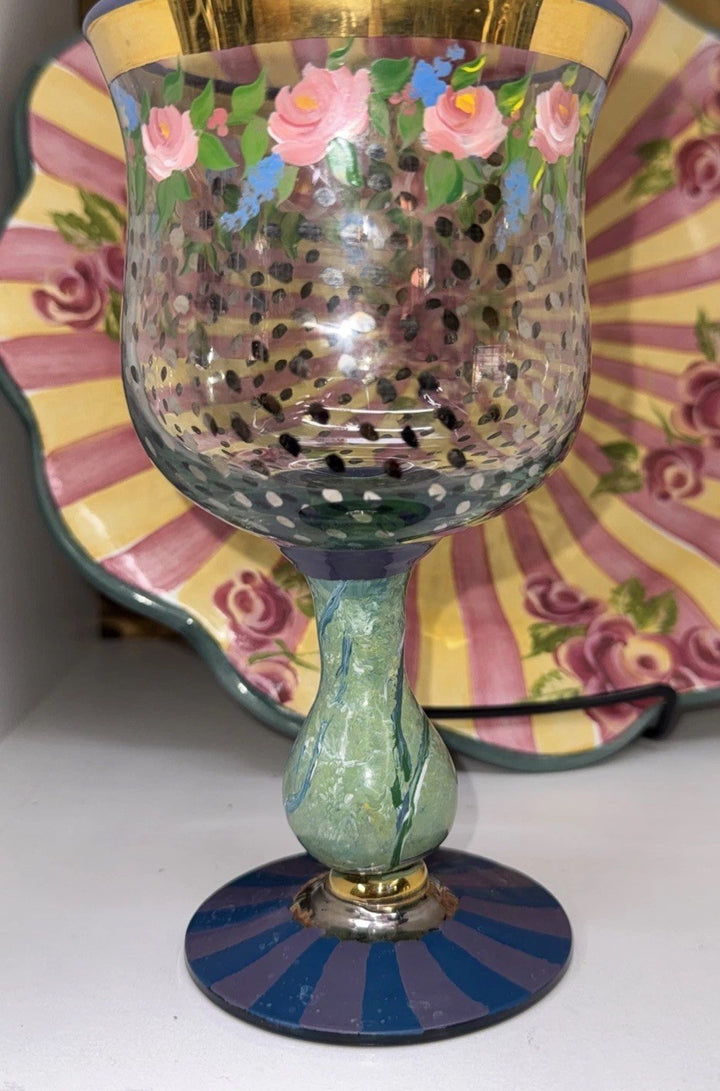 MacKenzie Childs Vintage  Circus Rose Dots Water Goblet Glass  Cheltenham Stem