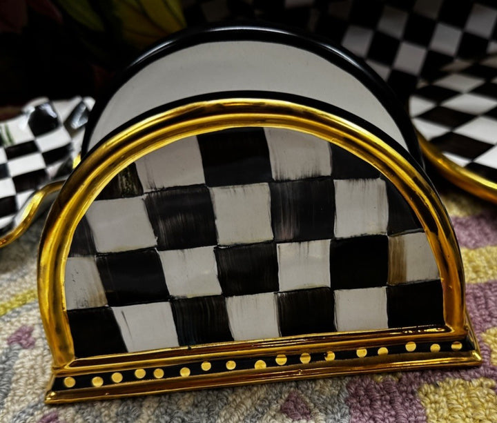 Mackenzie Childs Ceramic Courtly Check  Napkin Holder With Gold New