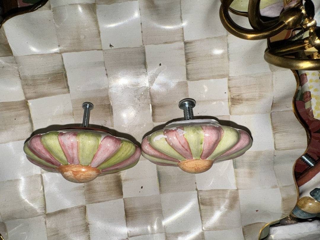 MacKenzie Childs Pottery Ribbed Majolica Cabinet Pulls 1 Knob- Pink And Green