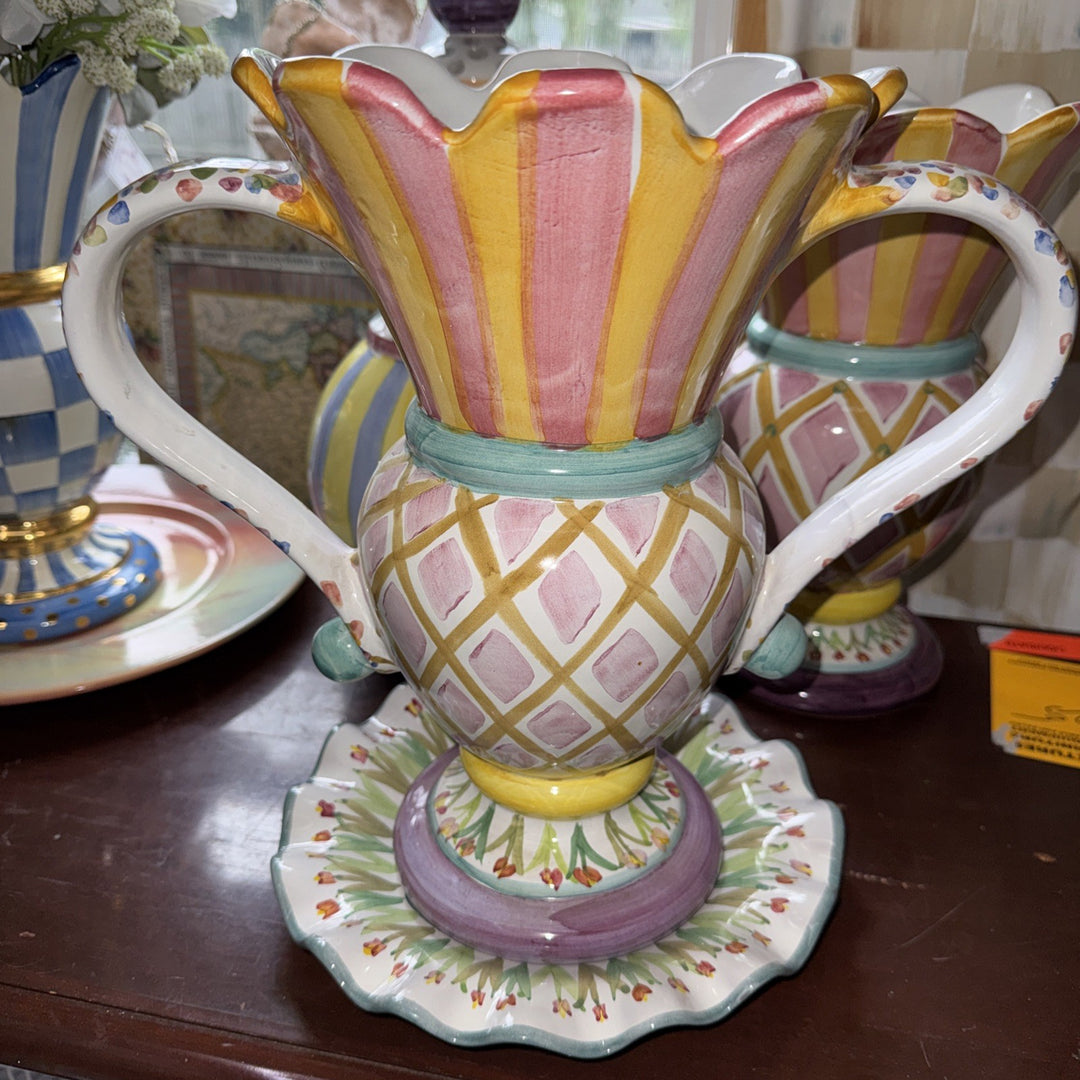 Mackenzie Childs Ceramic Trophy Odd Fellows Vase- 2008 Retired Pattern