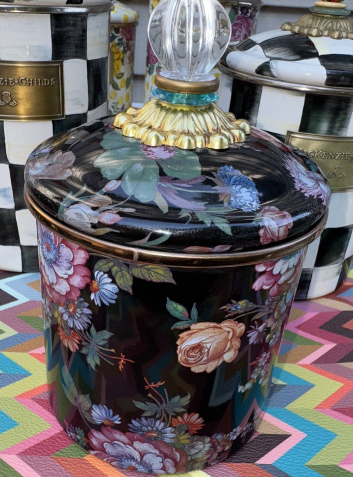 Flower Market Black by MacKenzie-Childs Small  Canister 7.5" x 4.75" Blue Ring