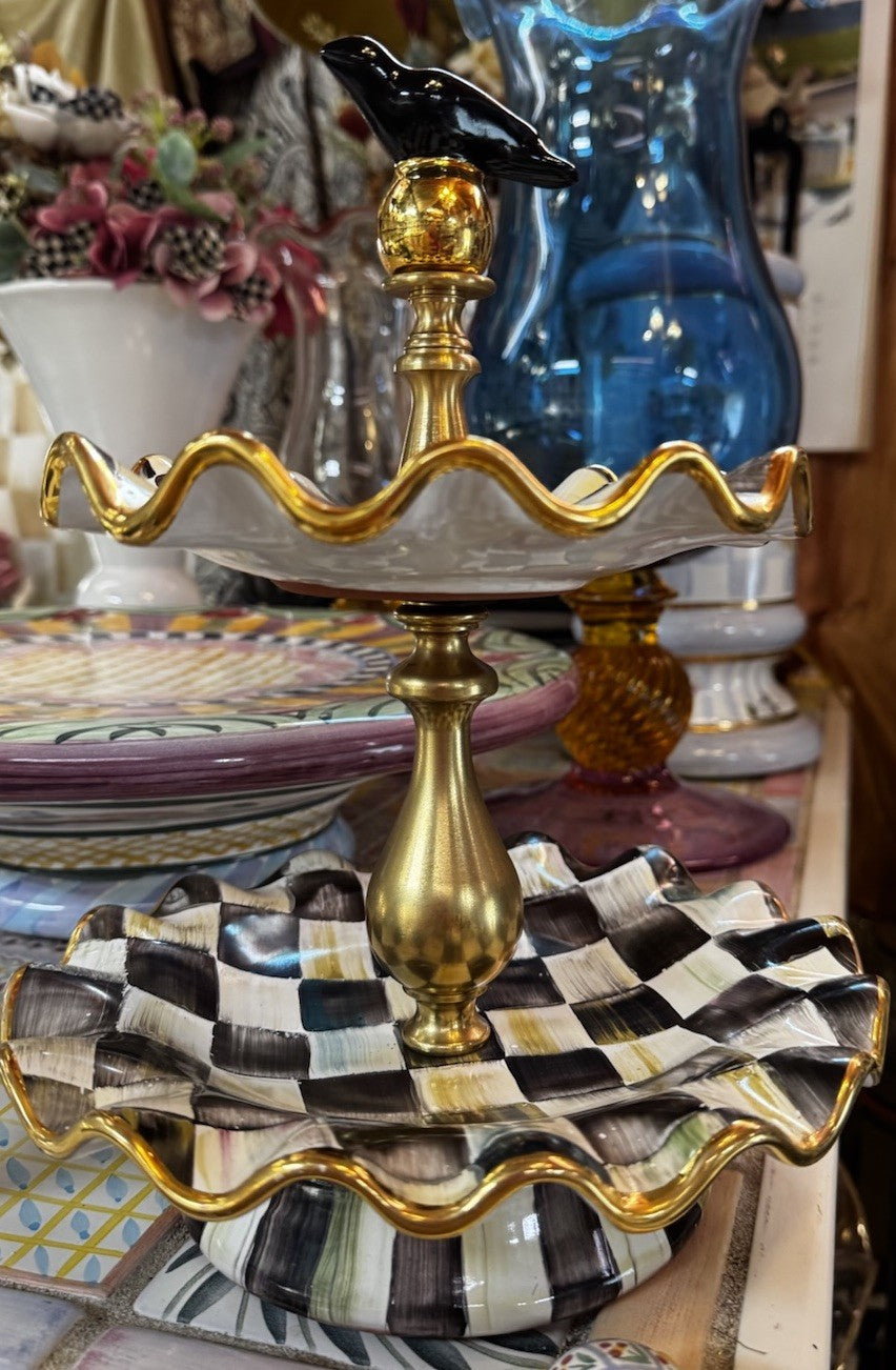 MacKenzie Childs Courtly Check Ceramic Two Tier Sweet Stand With Bird Retired
