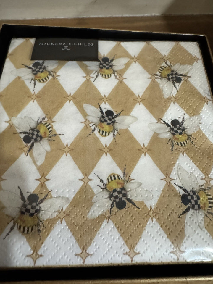 MacKenzie Childs Queen Bee  Cocktail Napkin Holder Gold Lion Claw Feet Tray