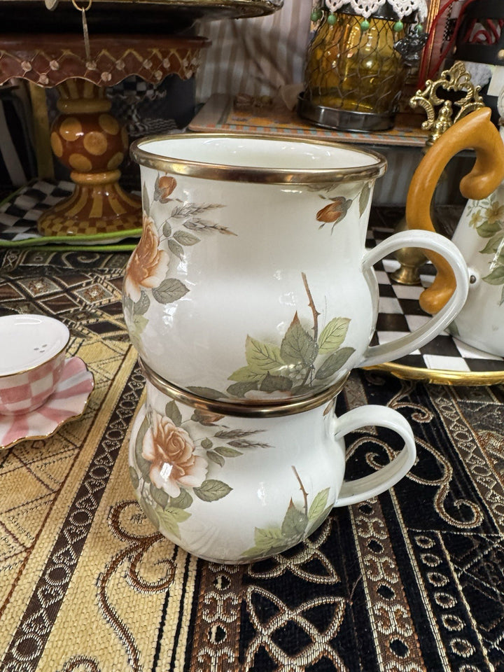 Mackenzie Childs White Floral Camp enamel Coffee cup mug Floral Set Of 2