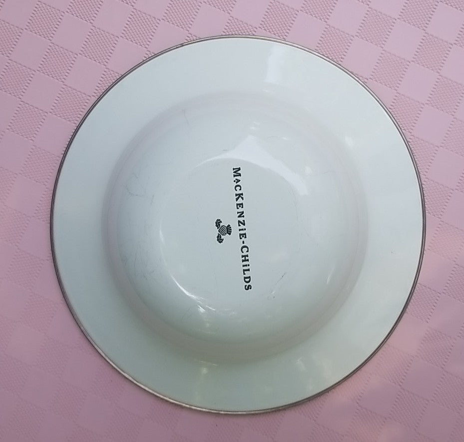 MacKenzie Childs Pink Stripe Bathing Hut   Breakfast Bowl, 8” -enamel