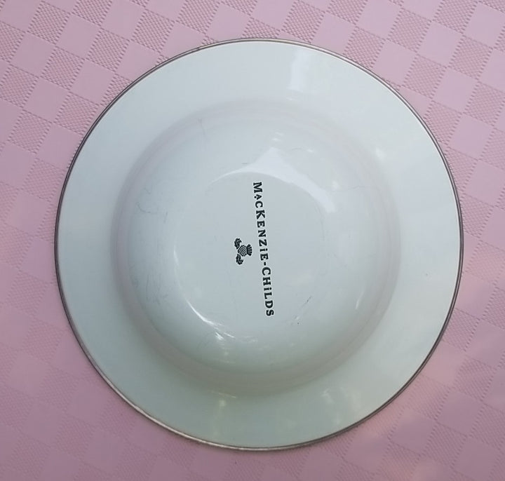 MacKenzie Childs Pink Stripe Bathing Hut   Breakfast Bowl, 8” -enamel