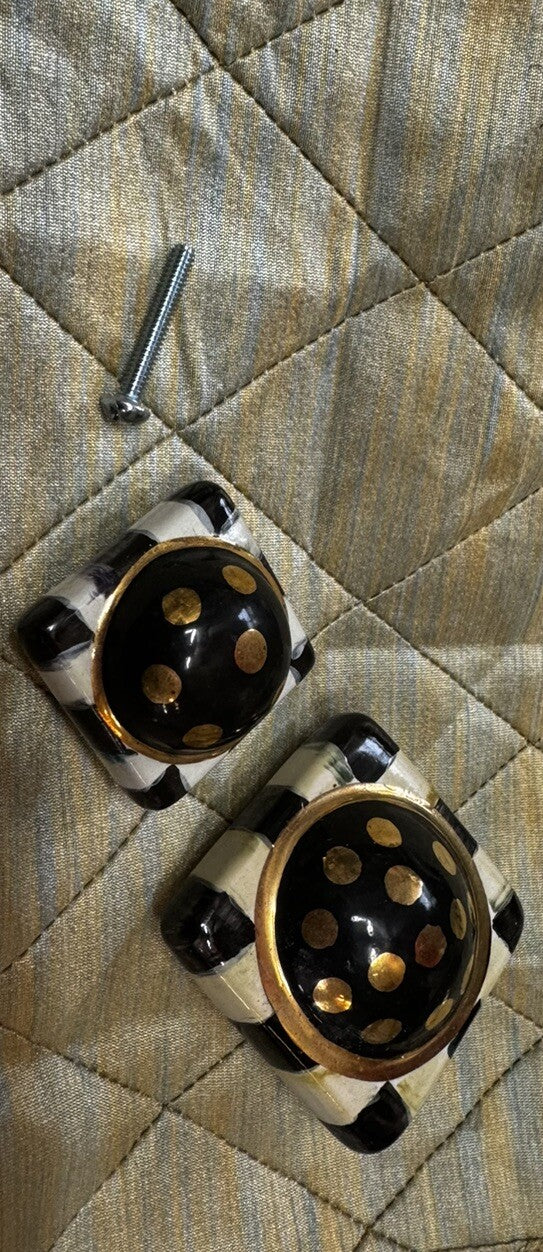 Mackenzie Childs 1.5” Petite Courtly Check And Gold Square Knob-new With Hw