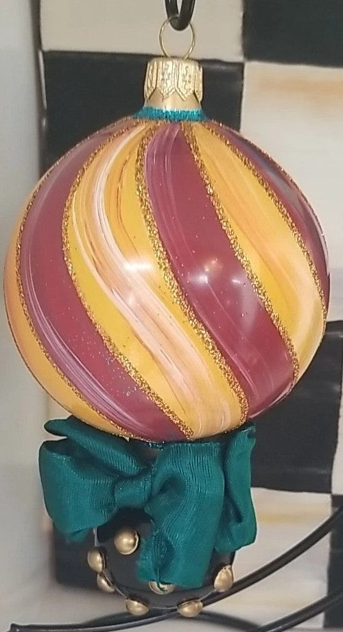 MacKenzie Childs Frank And Mustard  Striped Double Drop Glass Ornament