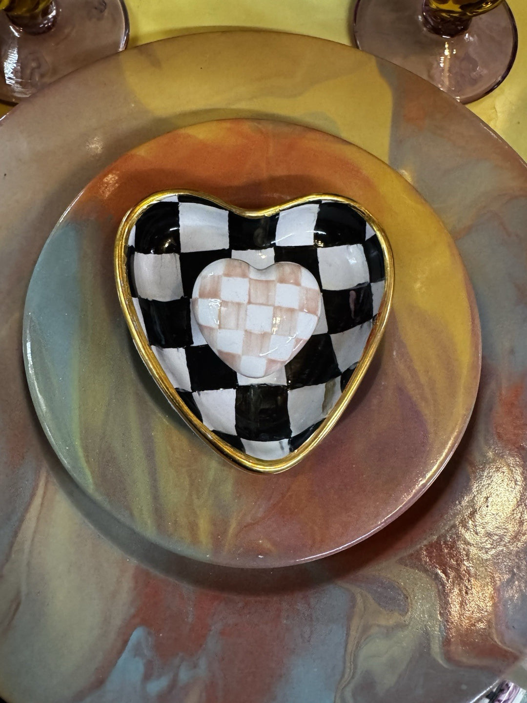 MacKenzie Childs Courtly Check 3.5” Heart  Small Trinket Bowl -made In Aurora