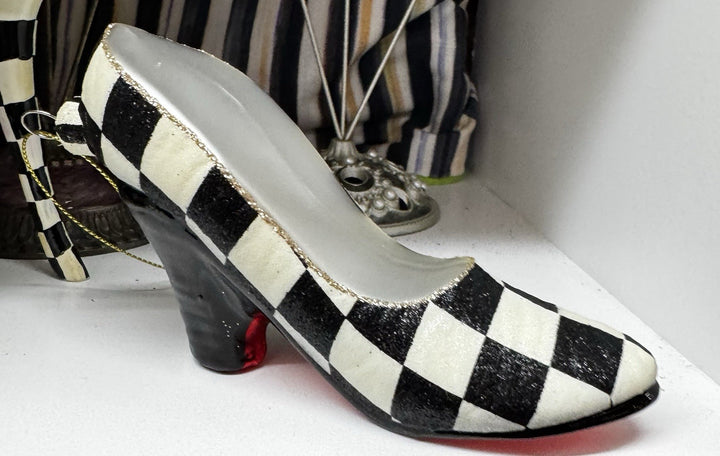 MacKenzie Childs Courtly Check High Heel Shoe Glass Christmas Tree Ornament