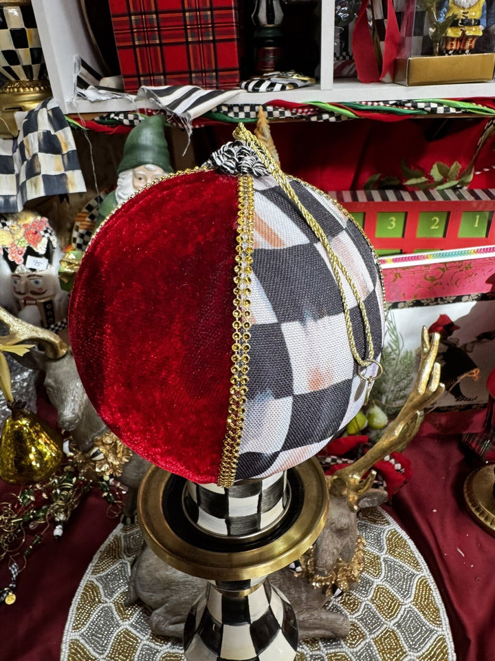 MACKENZIE CHILDS One Velvet Patchwork Courtly Check 8" Round Christmas Ornament