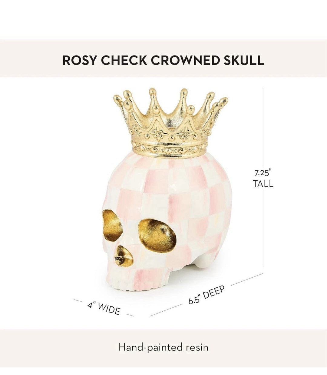 Crowned Skull, Resin Halloween Home Decor, Pink-and-White Rosy Check