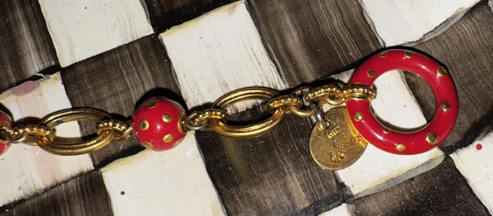 Mackenzie Childs Red Polka Dot Enamel Toggle Charm Bracelet- 8" inch Retired