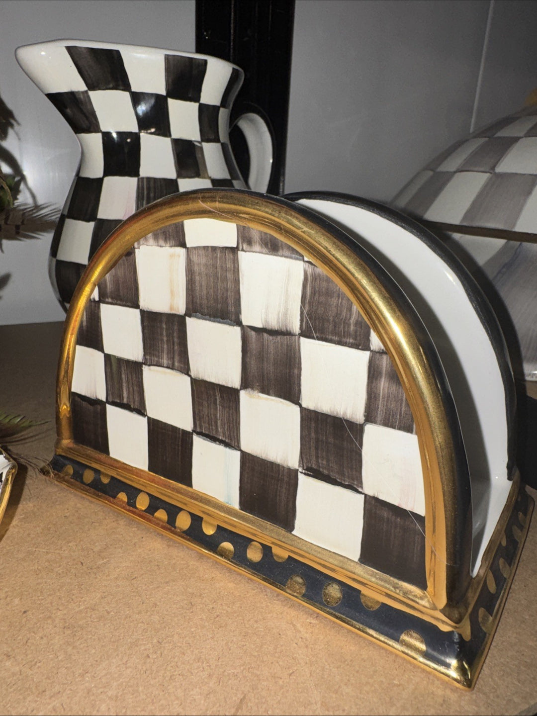 Mackenzie Childs Ceramic Courtly Check Napkin Holder Made In Aurora