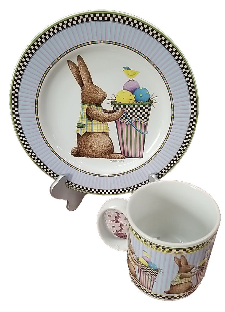 Debbie Mumm Sakura Easter Plate 8 1/4" & mug Set Bunny Eggs 1998-Blue w/ Checks