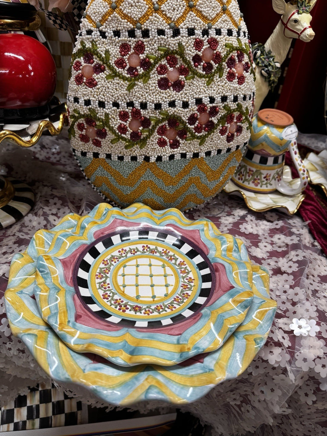 MACKENZIE CHILDS HITCHCOCK FIELD EASTER EGG PILLOW Beaded
