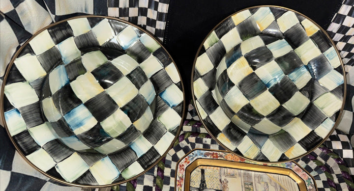 (2) Camp Mackenzie Childs 8” Breakfast  Bowls, Courtly Check Enamel