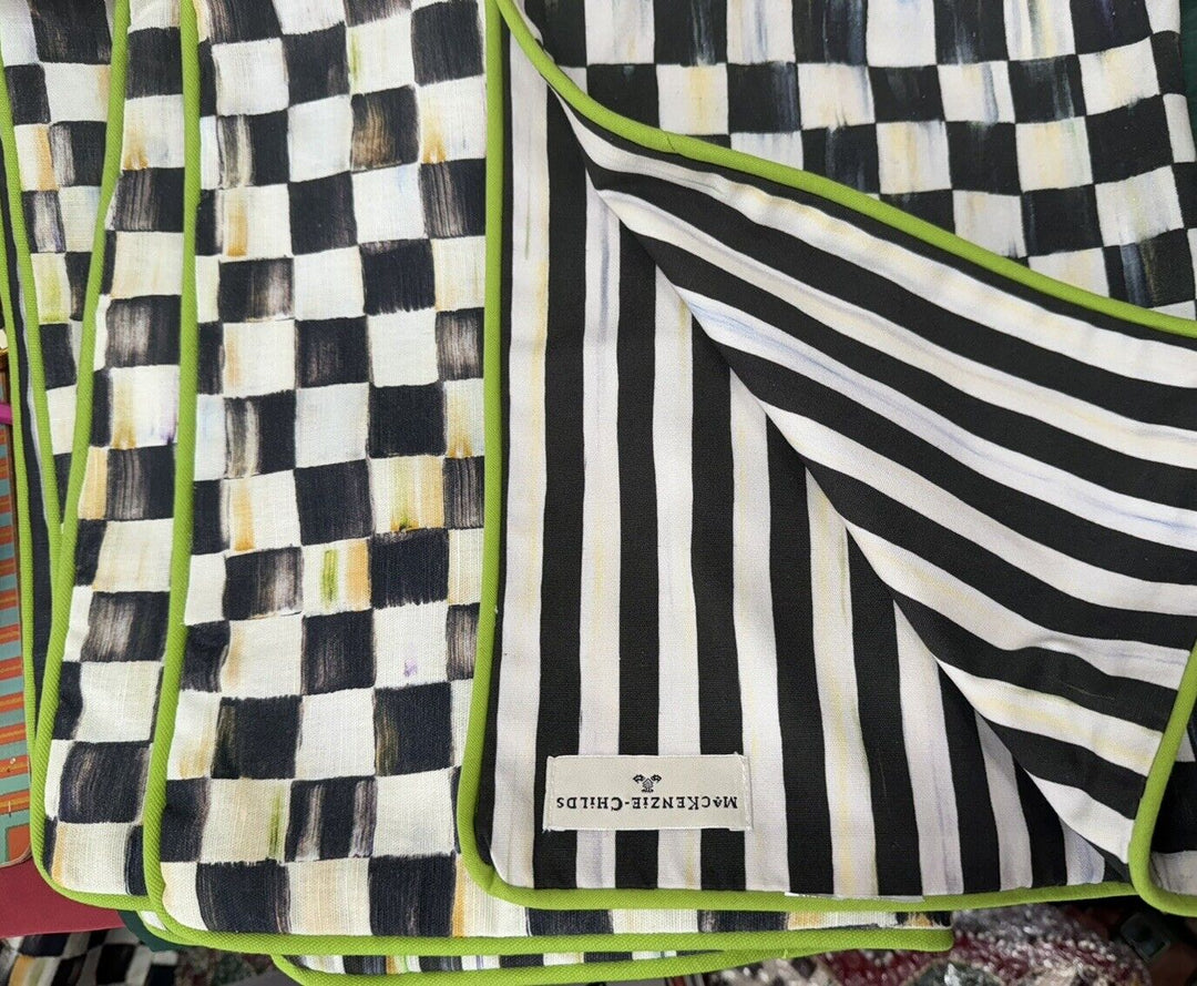 Mackenzie Childs OneCOURTLY CHECK/ STRIPE Reversible Placemat- Green Trim- Linen
