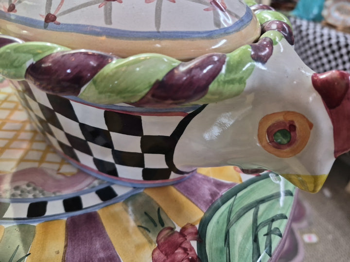 MacKenzie Childs Ceramic Lidded Piccadilly Chicken Casserole Dish- Handmade
