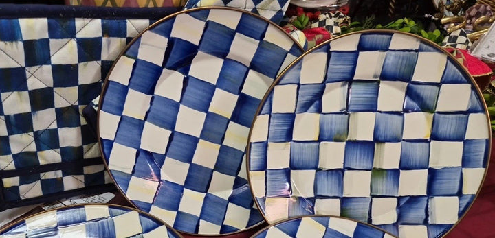 Mackenzie Childs Set Of 2 -10" Royal  Check Blue Enamel Dinner Plate-new